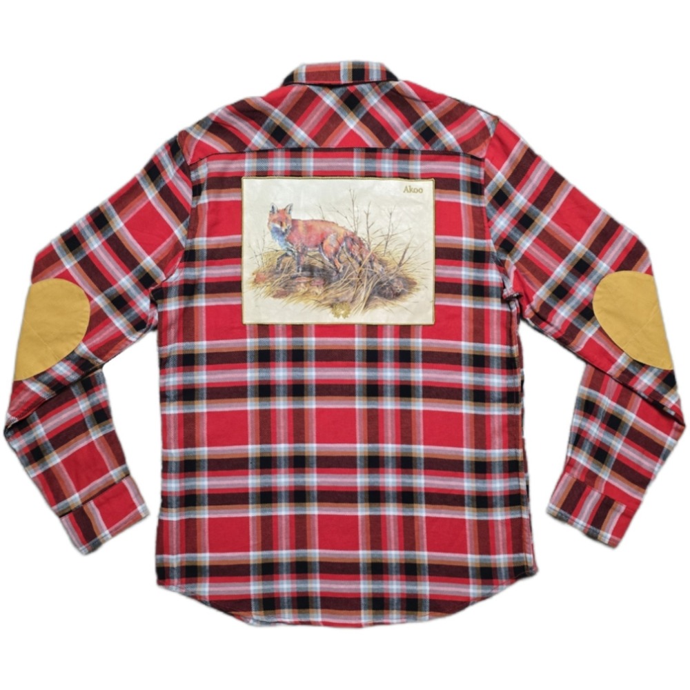 NWT AKOO Mens Plaid Flannel Shirt Mens L Fox King Of Oneself Embroidered Patches